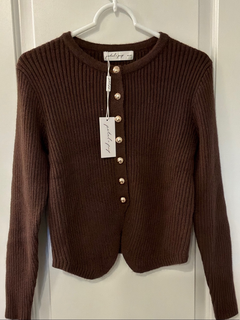 Petal & Pup Brown Ribbed Crewneck Cardigan with Gold Buttons